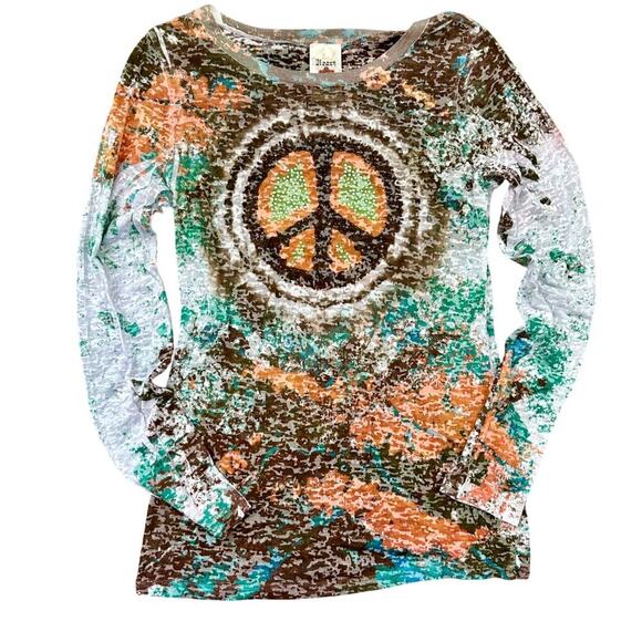 Crowns & Heart Peace Sign Bling Glitter Beaded Festival Long Sleeve Tie Dye LG - Picture 1 of 8